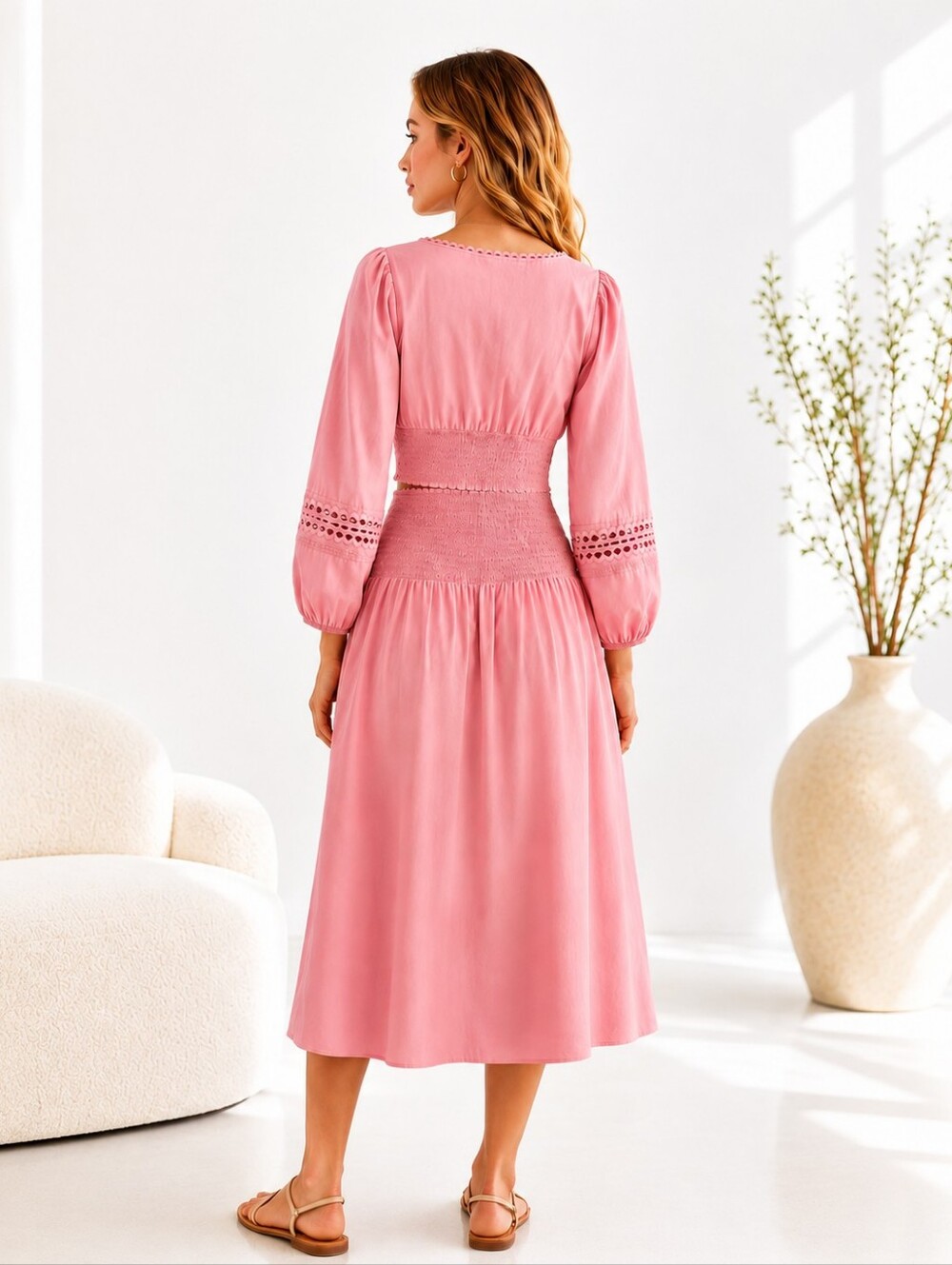 A New Day Pink Two-Piece Set XS | Lace Trim Crop Top & Smocked Midi Skirt | - Picture 2 of 9